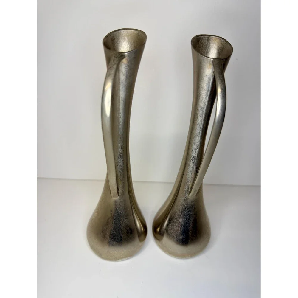 Pair Vintage Silverplate Bud Vases | Mid-Century Modern Ewer Set (7